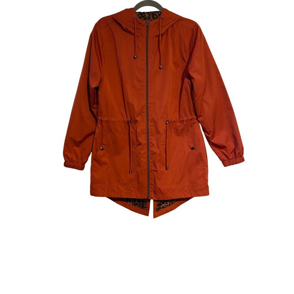 Time & Tru Womens Orange Hooded Zip-Up Jacket Leopard Lining M Lightweight Y2K